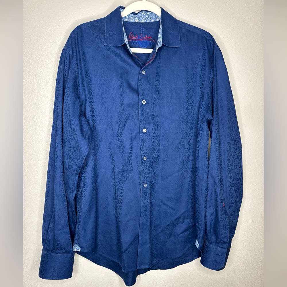 Robert Graham Men’s Large Navy Button Down Paisley Print Casual Shirt